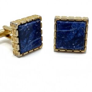 Vintage Lapis Lazuli Gold Tone Cufflinks Square Blue Stone Mid Century Modern